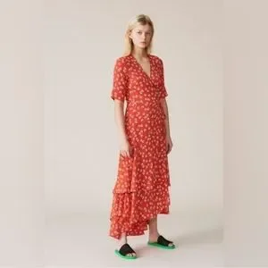 Ganni | Dresses | Ganni Red Floral Wrap Dress | Poshmark